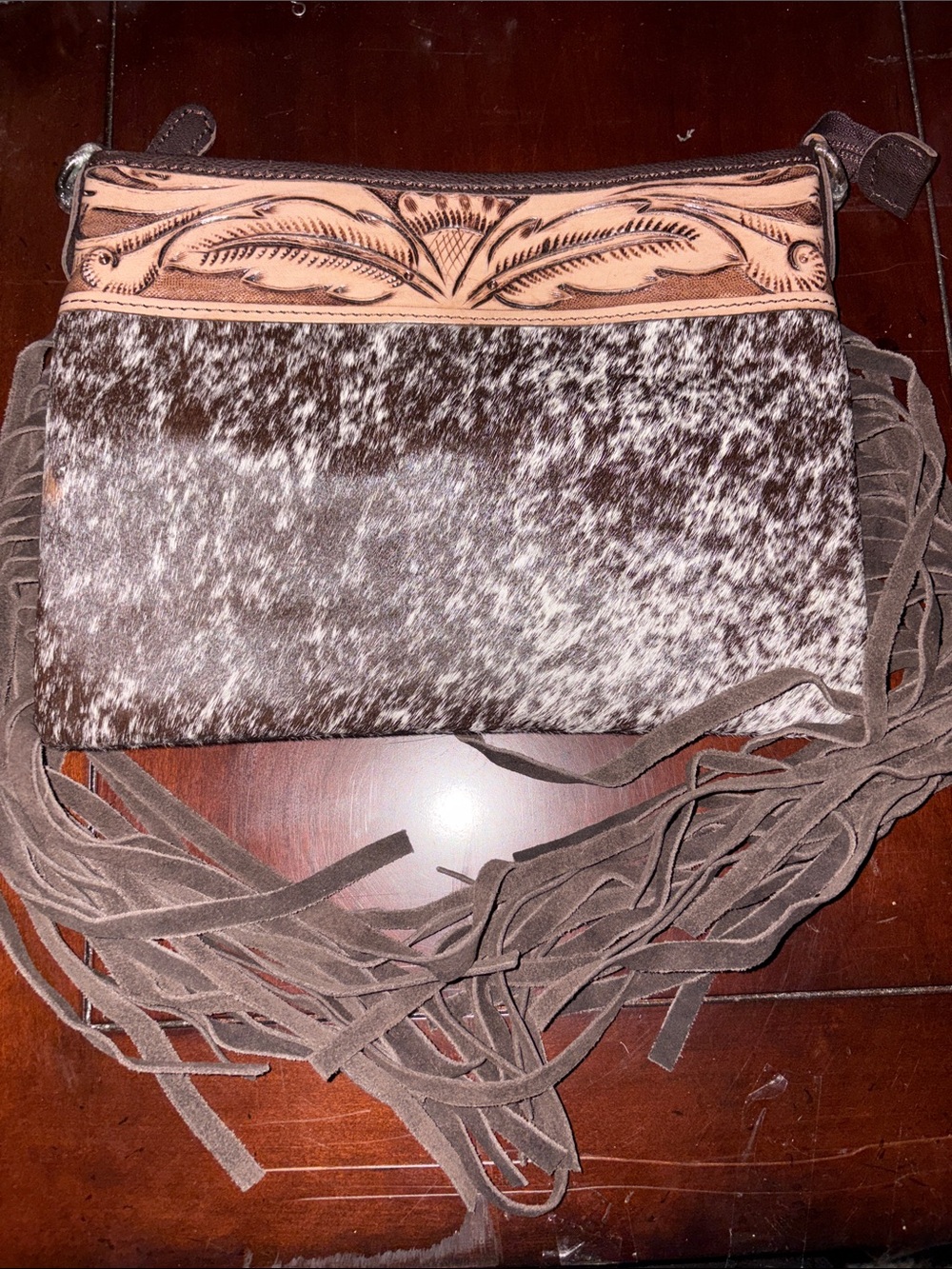 Fringe Cowhide Crossbody Bag with Tooled Leather Trim